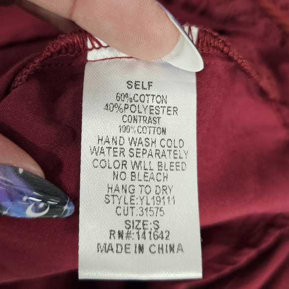 YA Los Angeles Boho Cut Out Long Sleeve Peasant Top Size S Deep Red Bohemian - Picture 9 of 13
